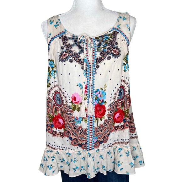 Bila Tank Top Jessica Sleeveless Tie Neck Blouse Bohemian Floral Cream Medium M - Picture 17 of 17